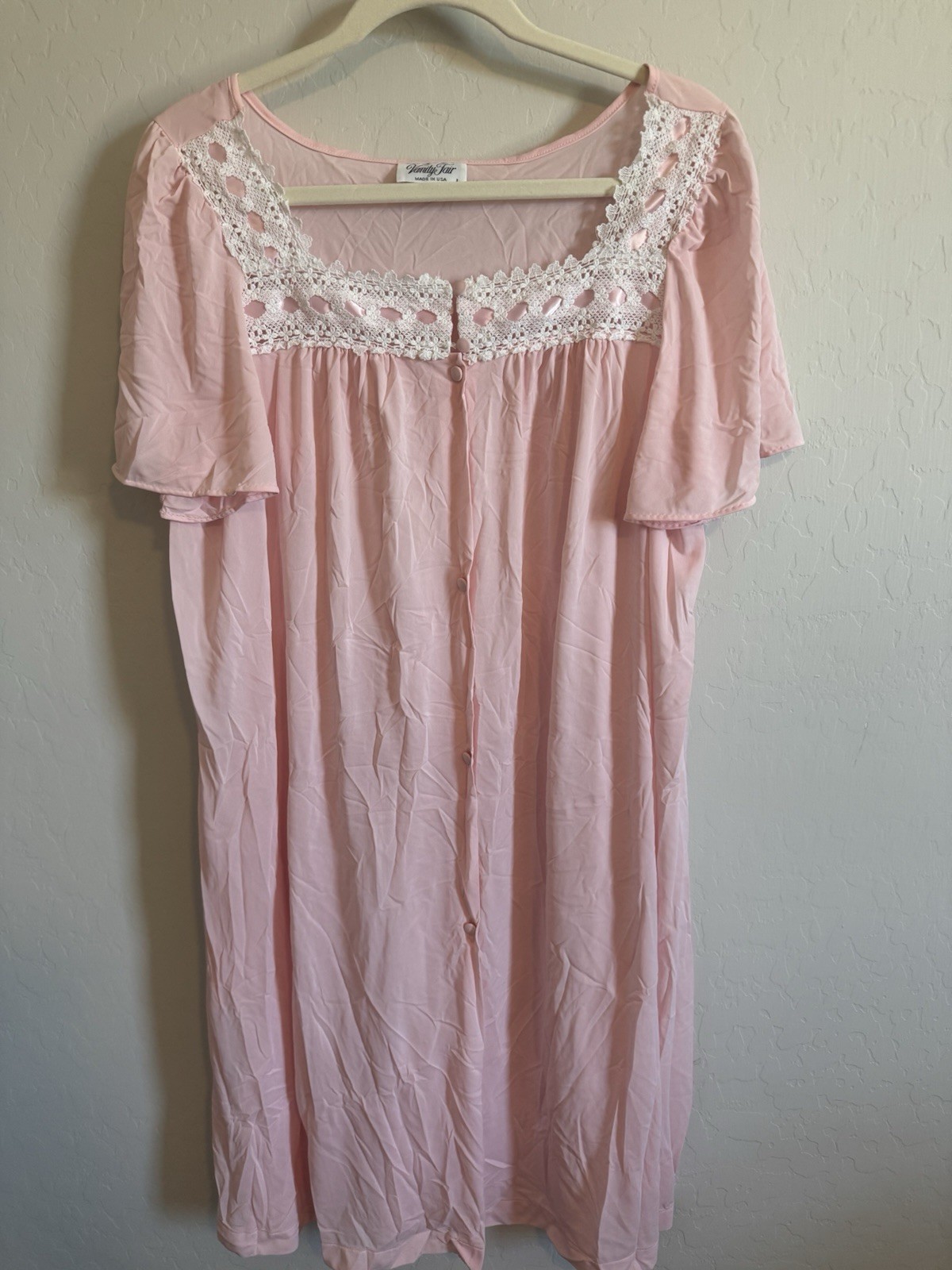 Vintage Vanity Fair Pink Champagne Satin Nightgown With Lace Collar Sz L (38”L)