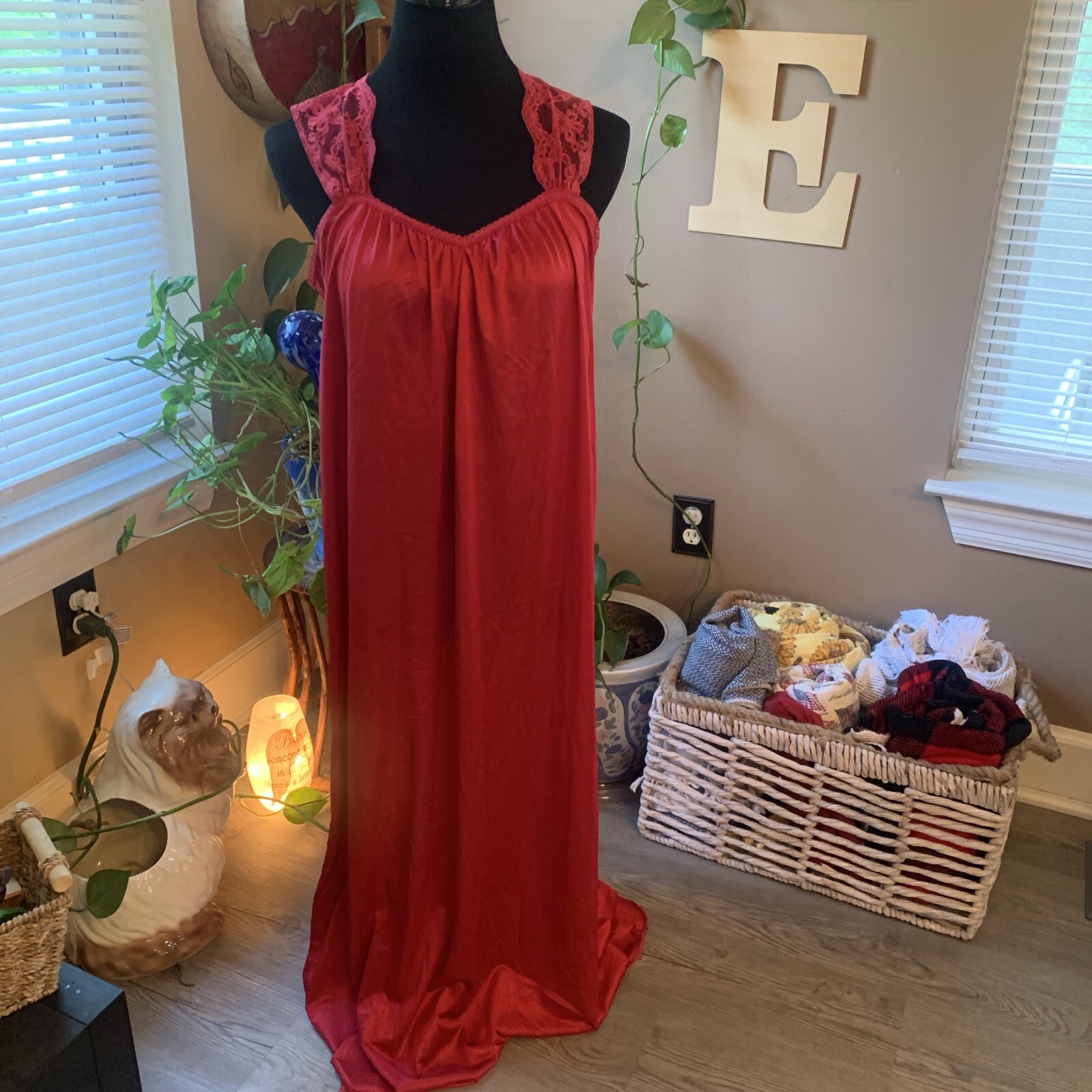 Vtg 80s Red Nylon Sz S Texsheen Long Nightgown Lingerie 36” Bust