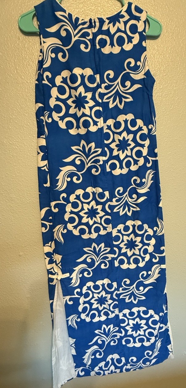 Vtg DIAMOND HEAD WAIKIKI Bold Blue/White Floral Maxi Lined HAWAIIAN DRESS XSmall