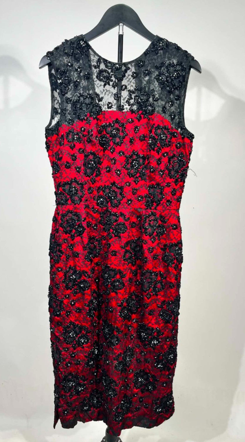 Vintage 1960s Hong Kong Beaded Couture Wiggle Dress Red Black Lace Cocktail XS