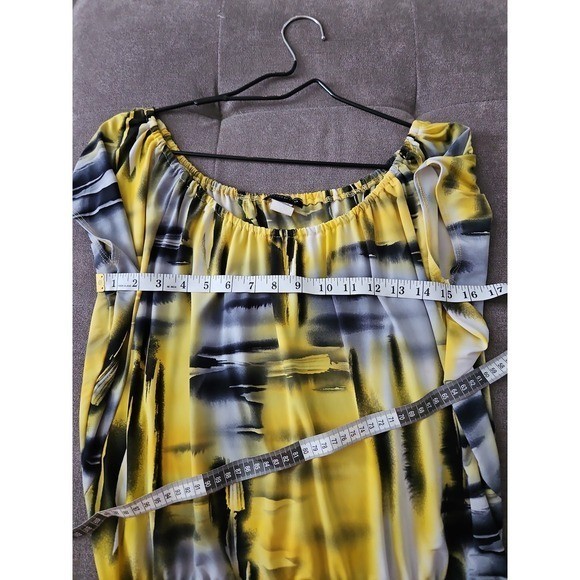 Vintage Y2K Abstract Print Blouse Medium Yellow & Grey Retro Dolman Sleeve