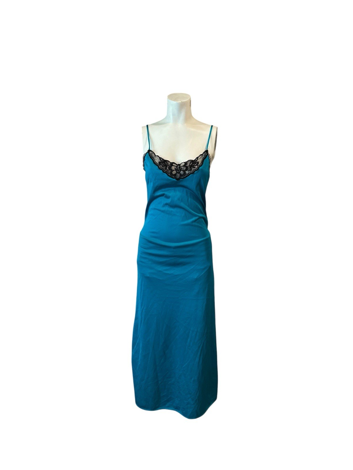 70s Vintage Flair Nig blue htgown Slip Dress, Lace Nylon Negligee Maxi – S