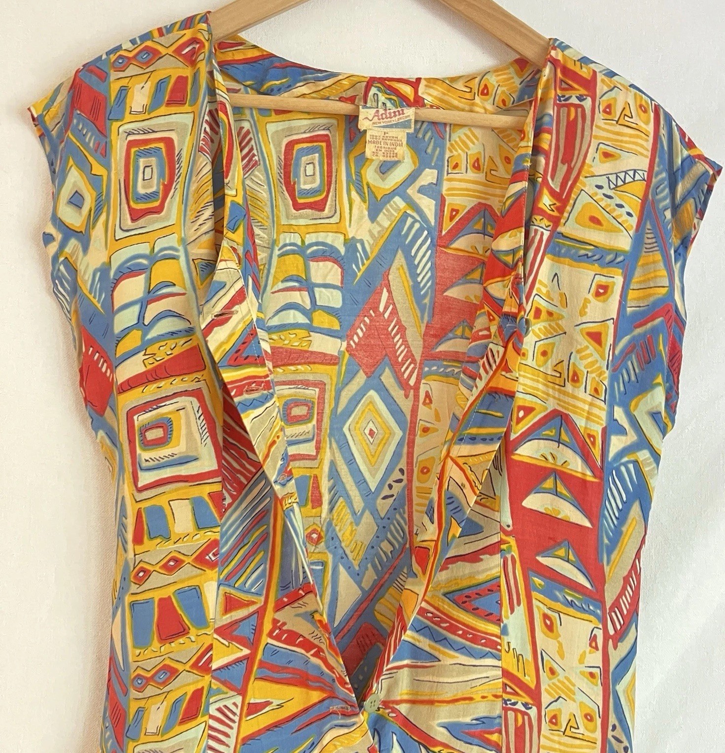 Vintage Adini Abstract Geometric Rayon Midi Dress Made India L Colorful 90s