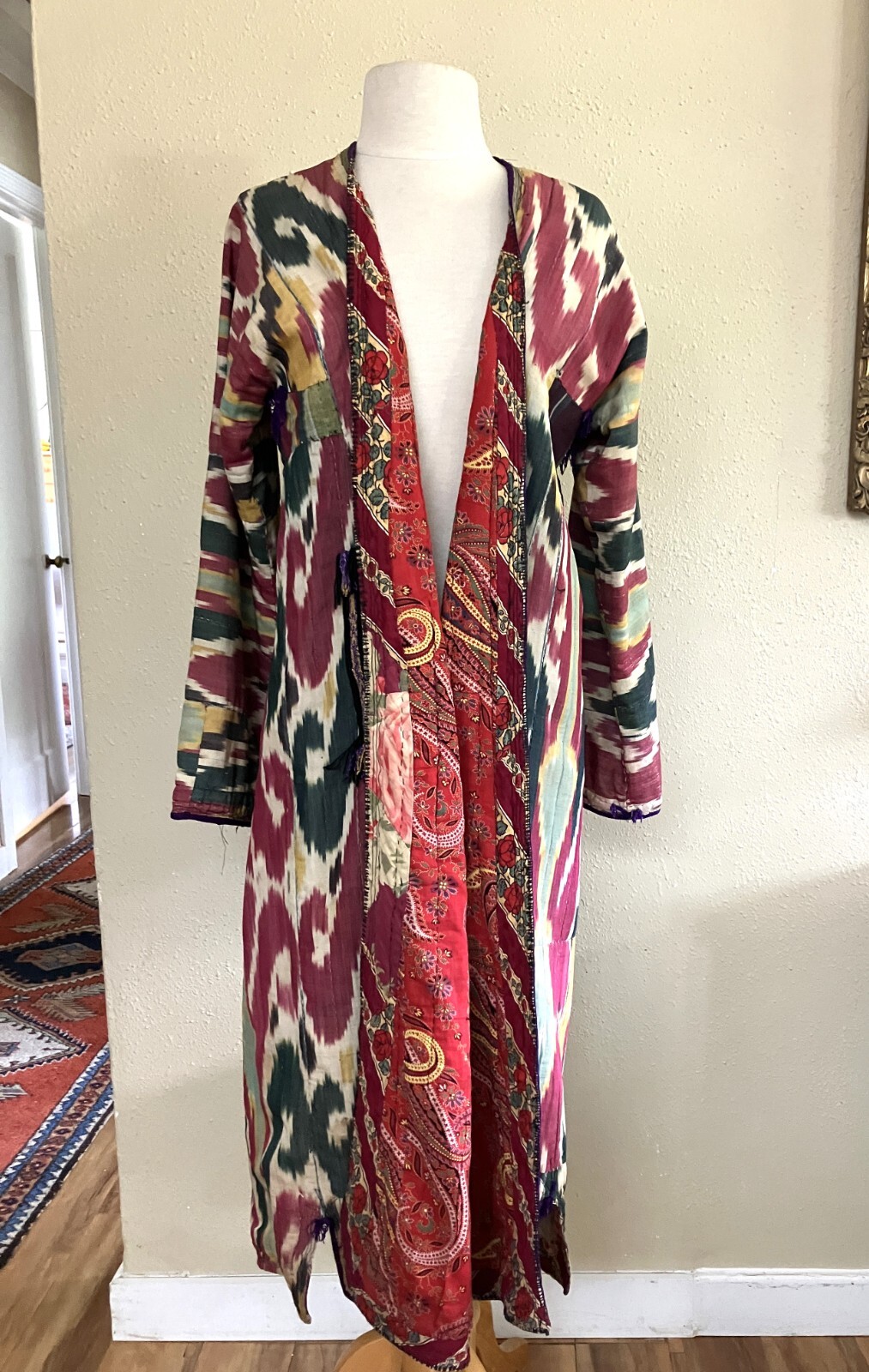 Vintage Uzbek Cotton Chapan, Coat Ikat Woman&rsquo;s Sz S/M Red Lining