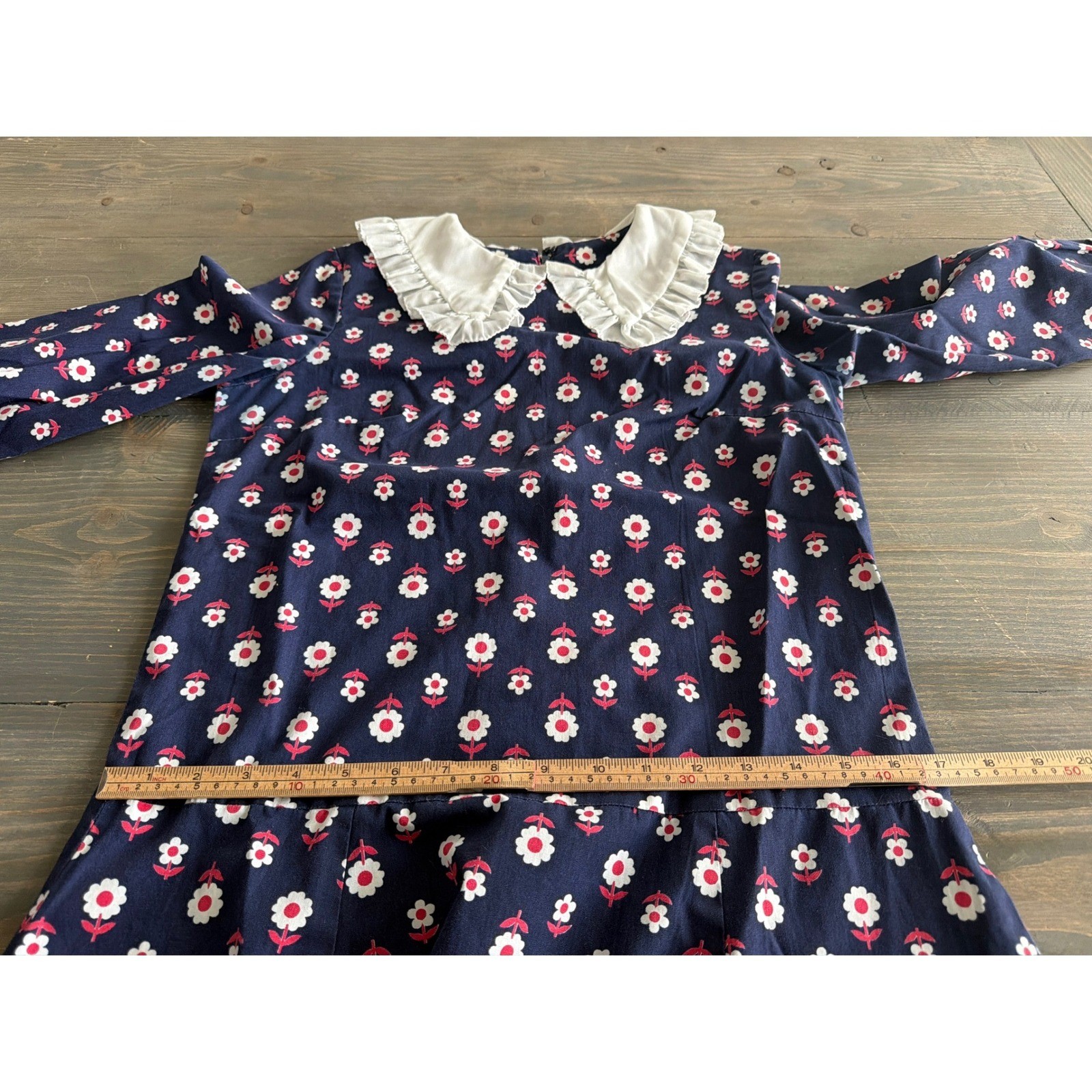 Vtg Sears Jr Bazaar Navy Floral Ruffled Peter Pan Collar Dress Women&rsquo;s Size 11