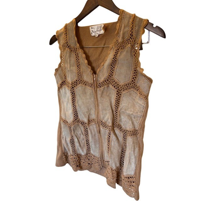 Vintage Rochelle California Leather Patchwork Crochet Zip Vest Tan Women&rsquo;s M