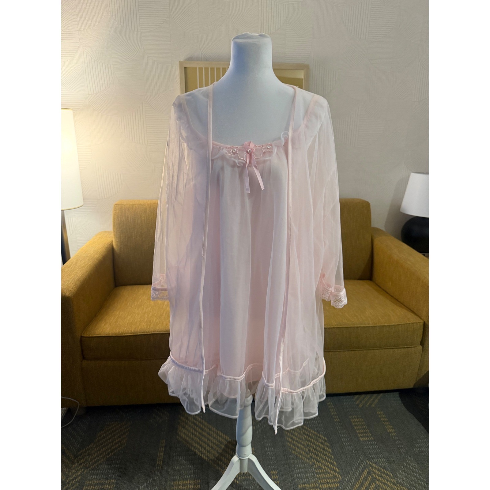 Vintage Pink Sheer Babydoll Nightgown and Robe Set Floral Pearl Accents Lingerie