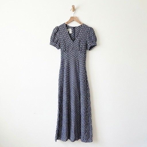 Vintage Terri Petites California Navy Blue Puff Sleeve Maxi Dress Small Prairie