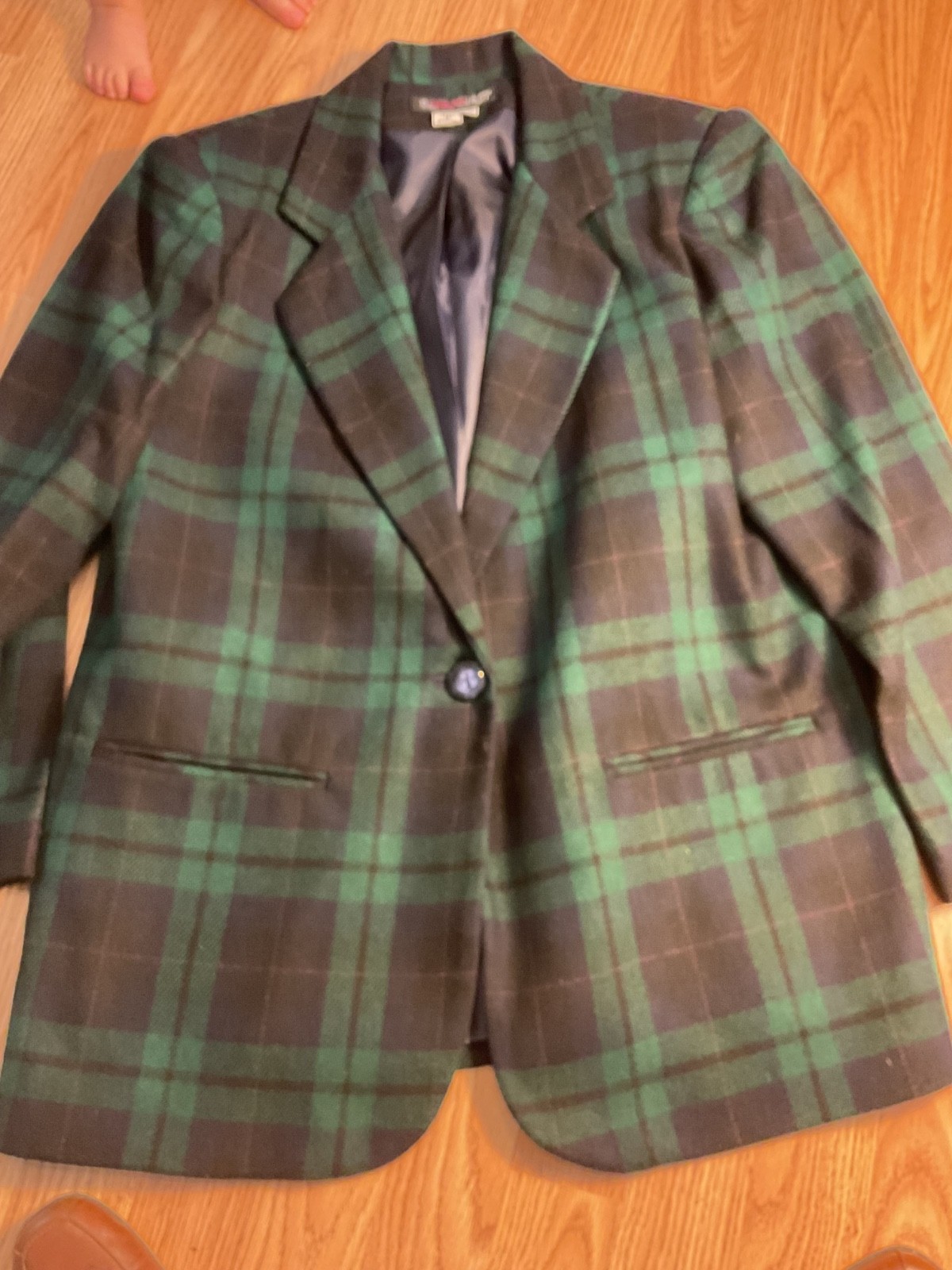 Vintage *Savannah* Blazer WOOL 12P Padded Shoulders BlueGreen Plaid