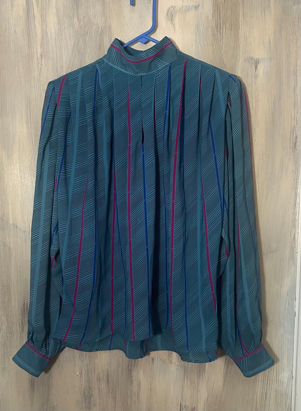 Vtg Steven Barry High Neck Puffy Sleeve Stripe Design Poly Long Sleeve Blouse L