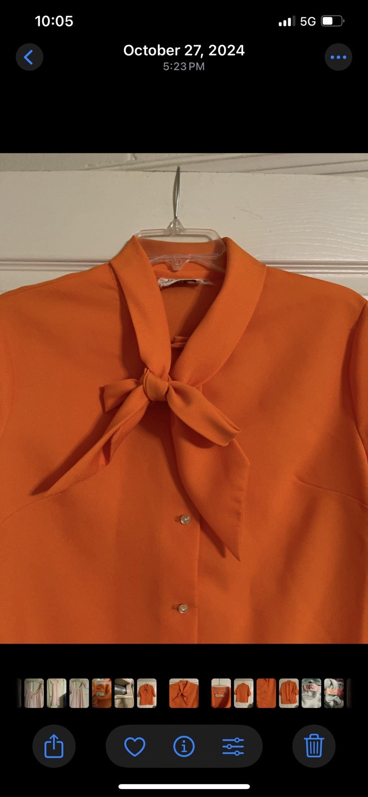 Vintage Douglas Marc Blouse Womens M/L Orange Pussy Bow Pearlized Buttons