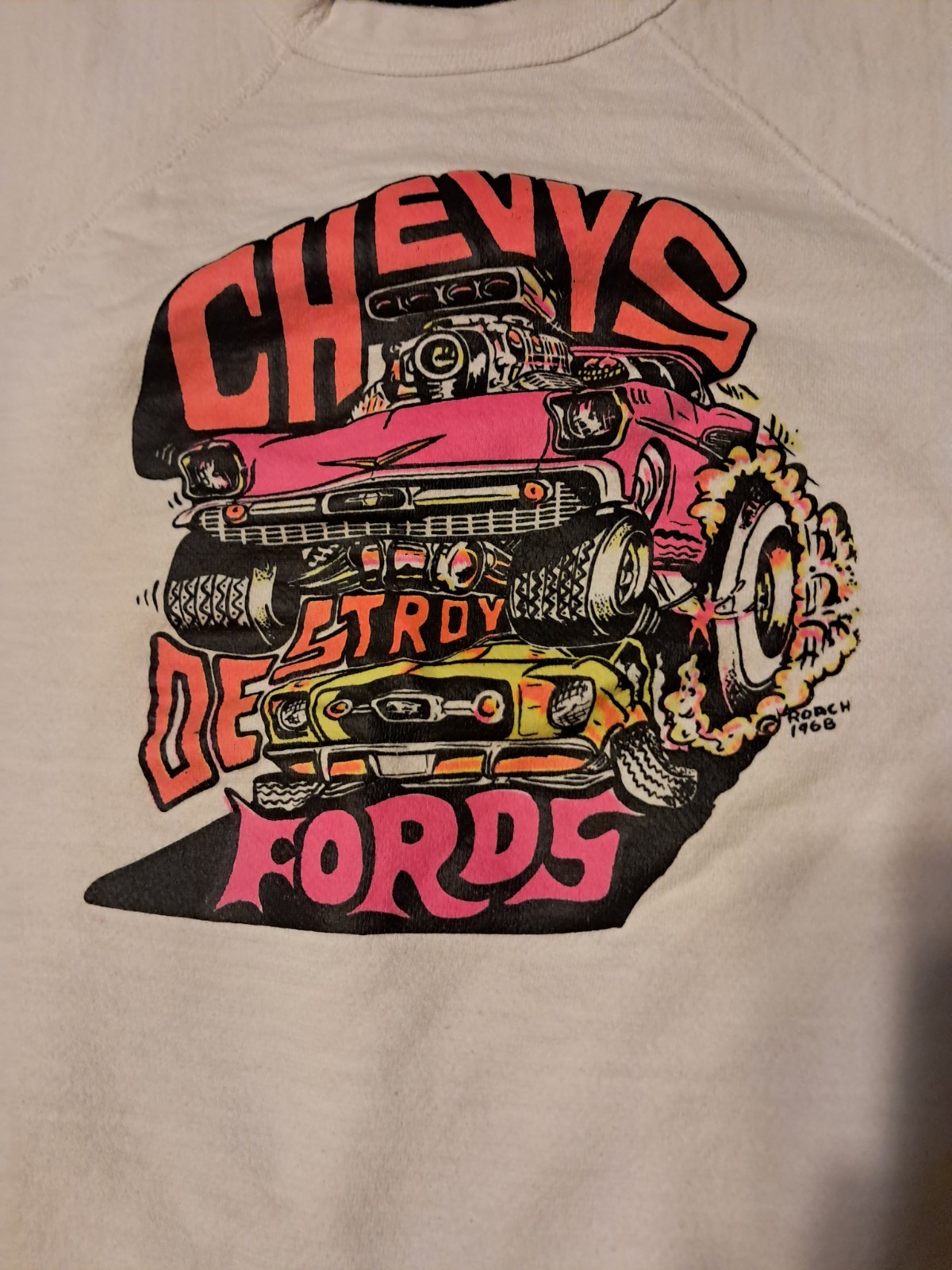 Vintage Unisex White Chevy vs Ford Graphic Print Pullover Fleece Sweatshirt S/M