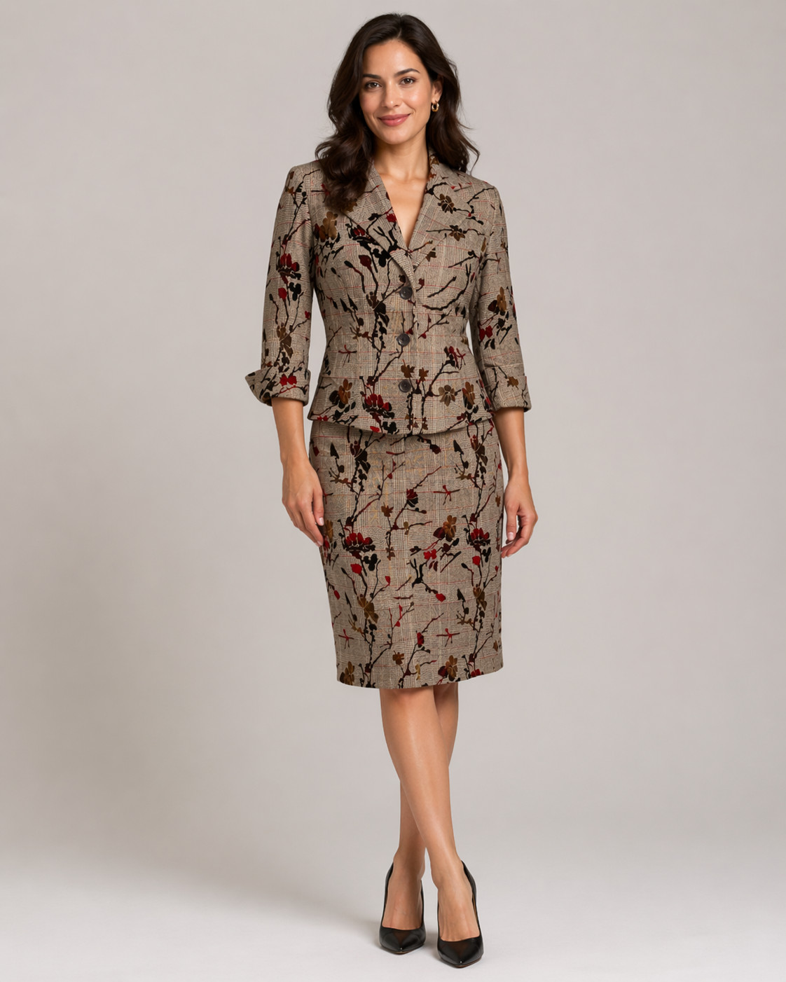 Vintage Newport News Blazer Skirt Suit Set Womens 4/6 Brown Floral Plaid Fall