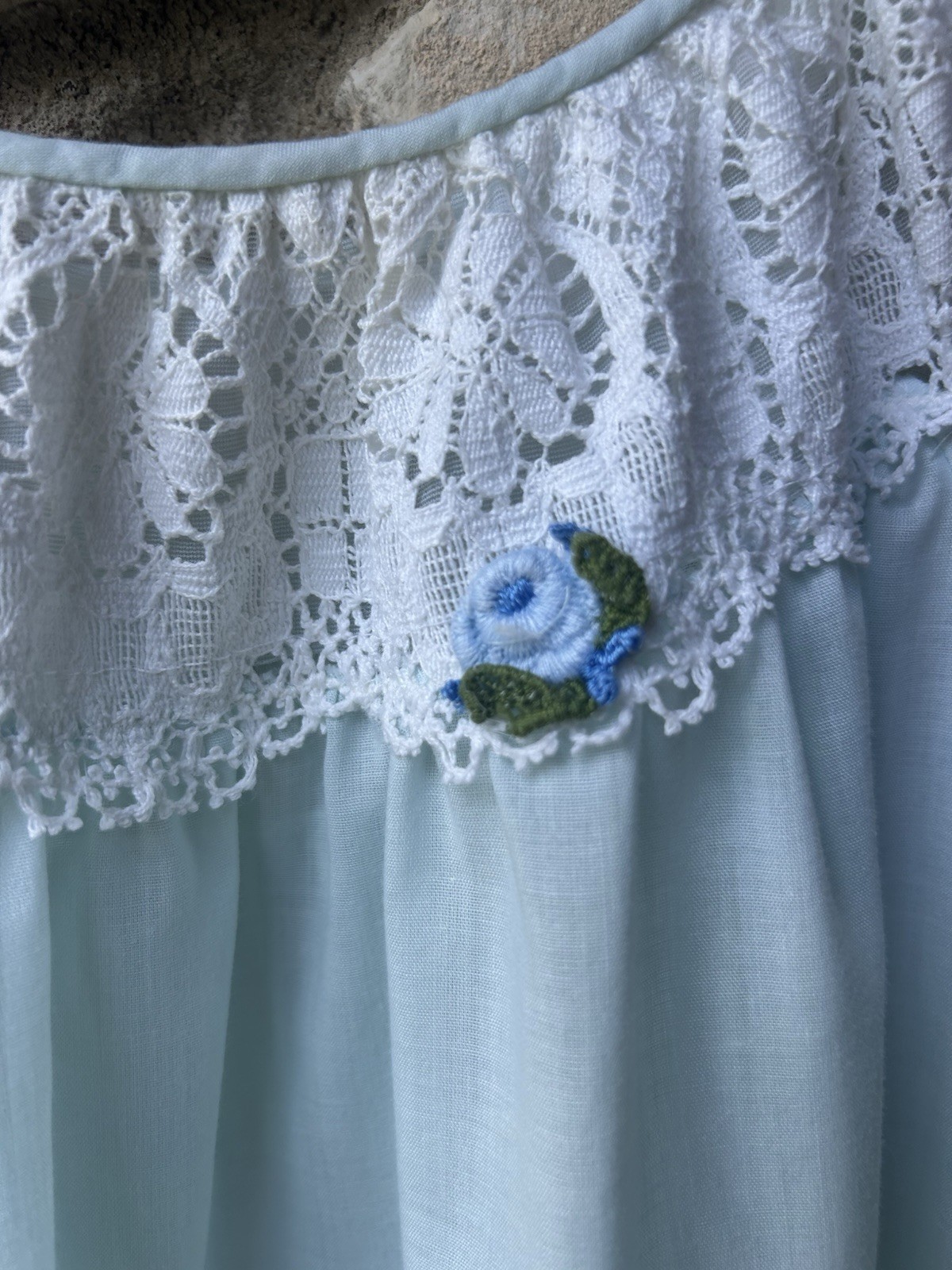 Vintage GILEAD Nightgown Large Blue Lace Trim Pullover Full Length Sleeveless