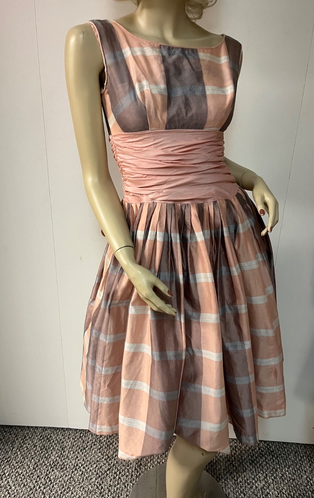 Vintage 1950 Plaid Back Zipper Cummerbund Crinoline Cocktail Party Dress Bust 33