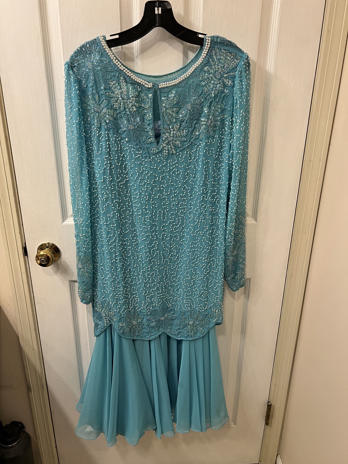 Vintage Sylvia Ann Turquoise Evening Dress Gown with Flowing Skirt and Beading