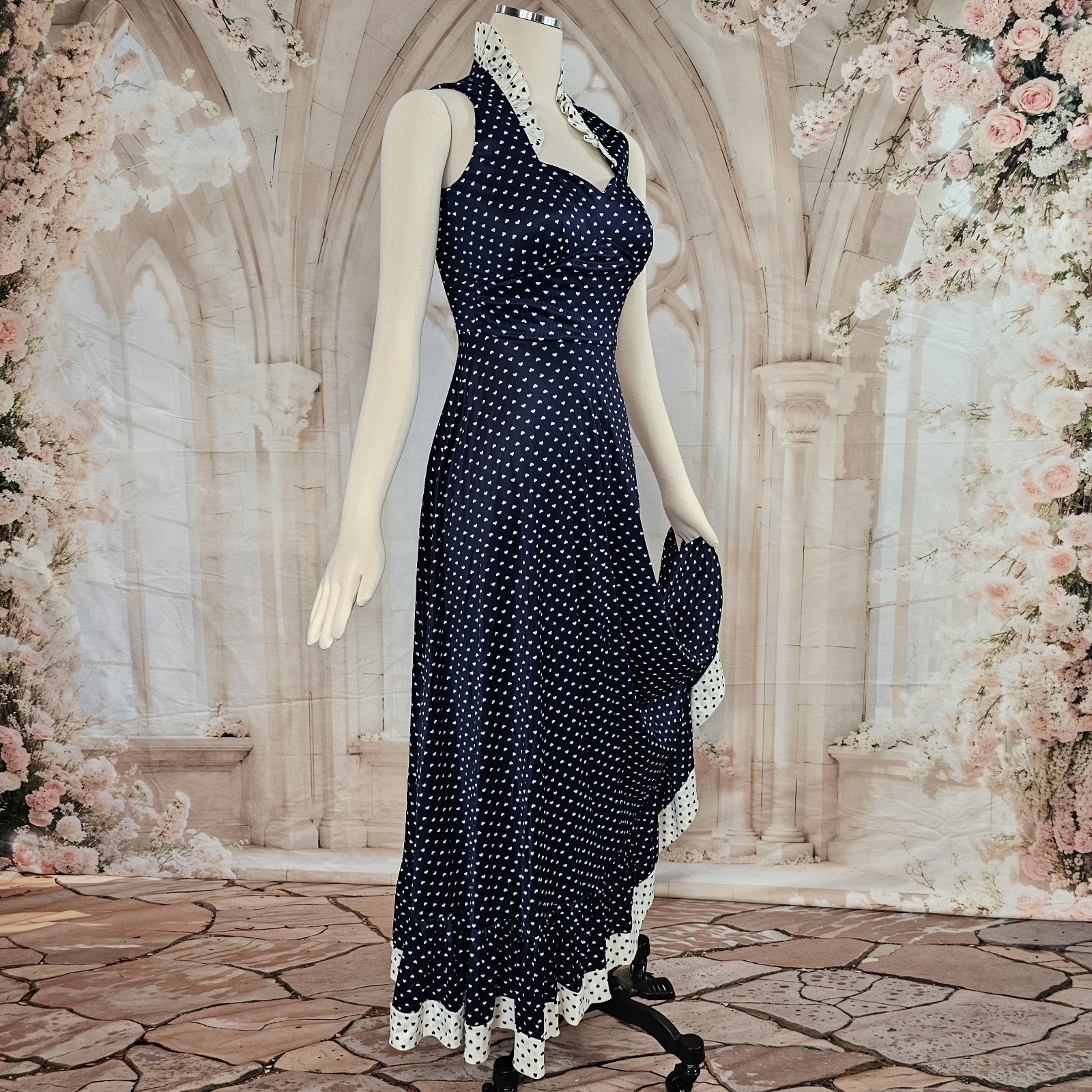 Vintage 1970s Dress Navy Blue White Hearts Ruffle Sweetheart Neckline Maxi
