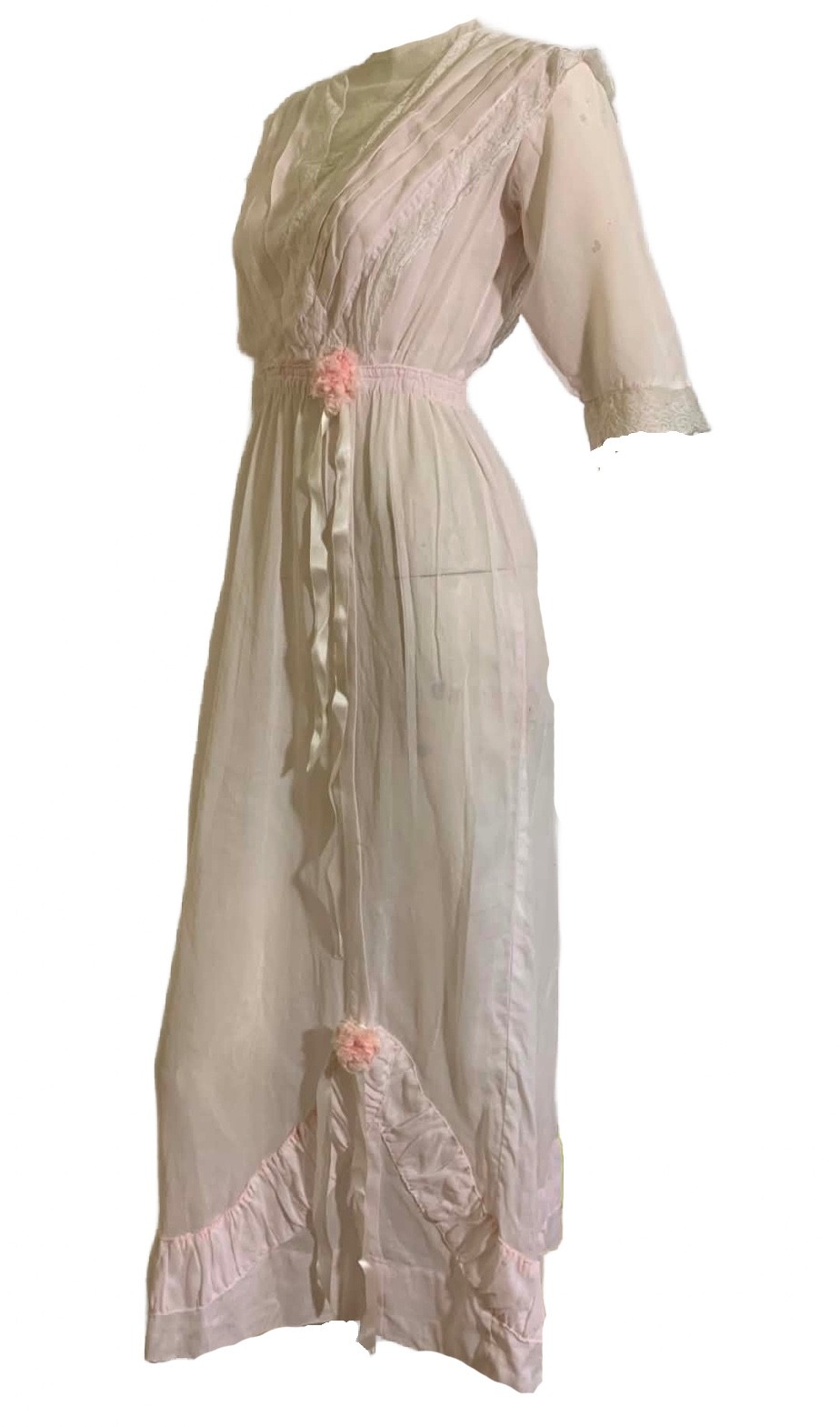 Softest Petal Pink SemiSheer Cotton 1910s Edwardian Antique Party Dress Flowers