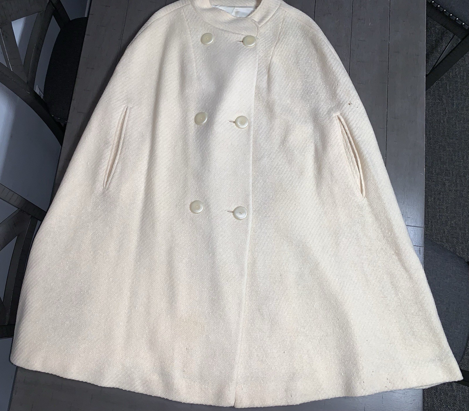 A5 60s CREAM UNION WOOL CAPE CLOAK DOUBLE BREASTED LARGE BUTTONS SZ 10/12 L/XL