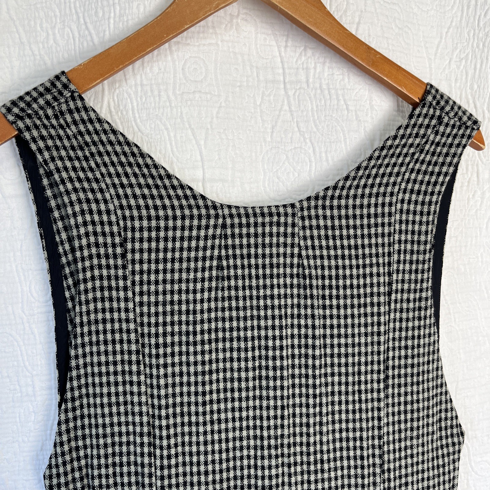 Vintage Wool Gingham Plaid Jumper Dress Pinafore Black Grey Homemade Pullover M