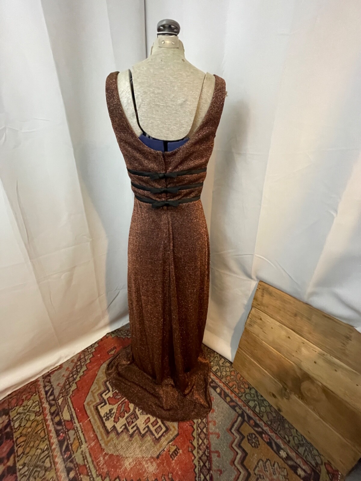 1990s Maxi Dress Metallic Copper Orange Lurex Black Formal XS S