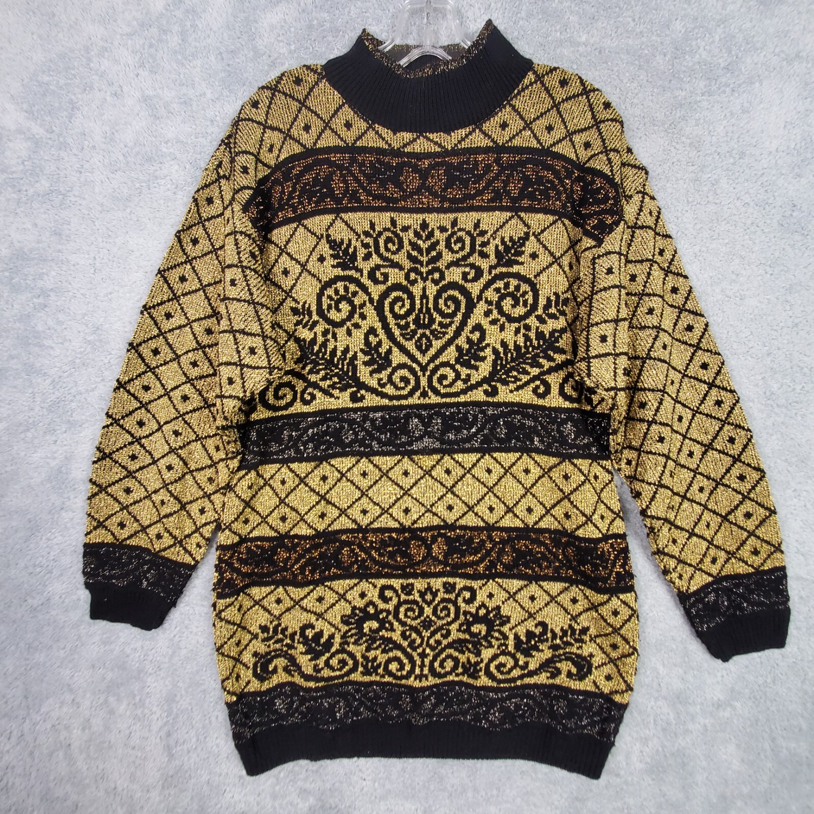 Vtg Beldoch Popper Womens Sweater M Gold Mock Neck Long Slv Metallic Geometric