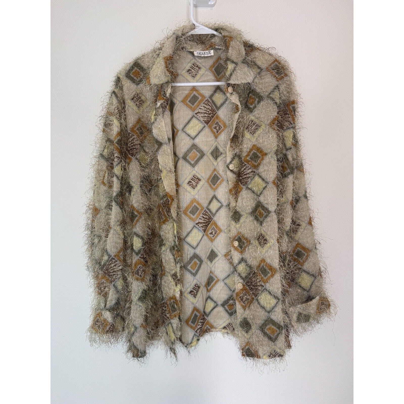 Vintage Art Deco Top Women&rsquo;s XL Retro Fuzzy Eyelash Detail Shirt Geometric