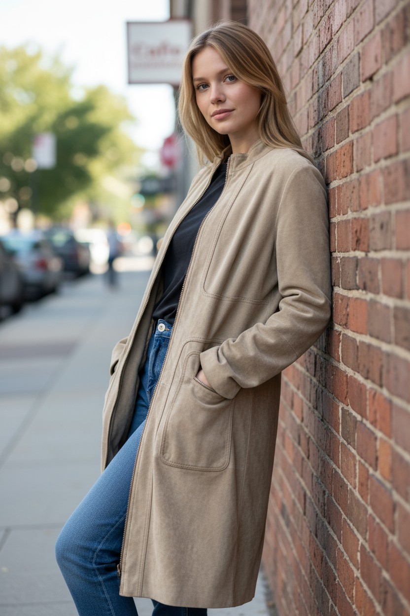 CELINE Camel Beige Genuine Suede Leather Zipper Pockets Lined Coat 6 8 VINTAGE