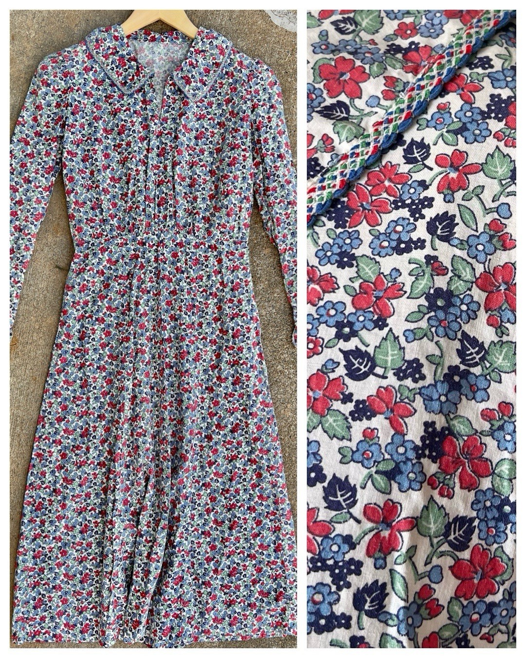 Vintage 1930s Floral Print Cotton Dress Long Sleeves With Belt Feedsack? Size S