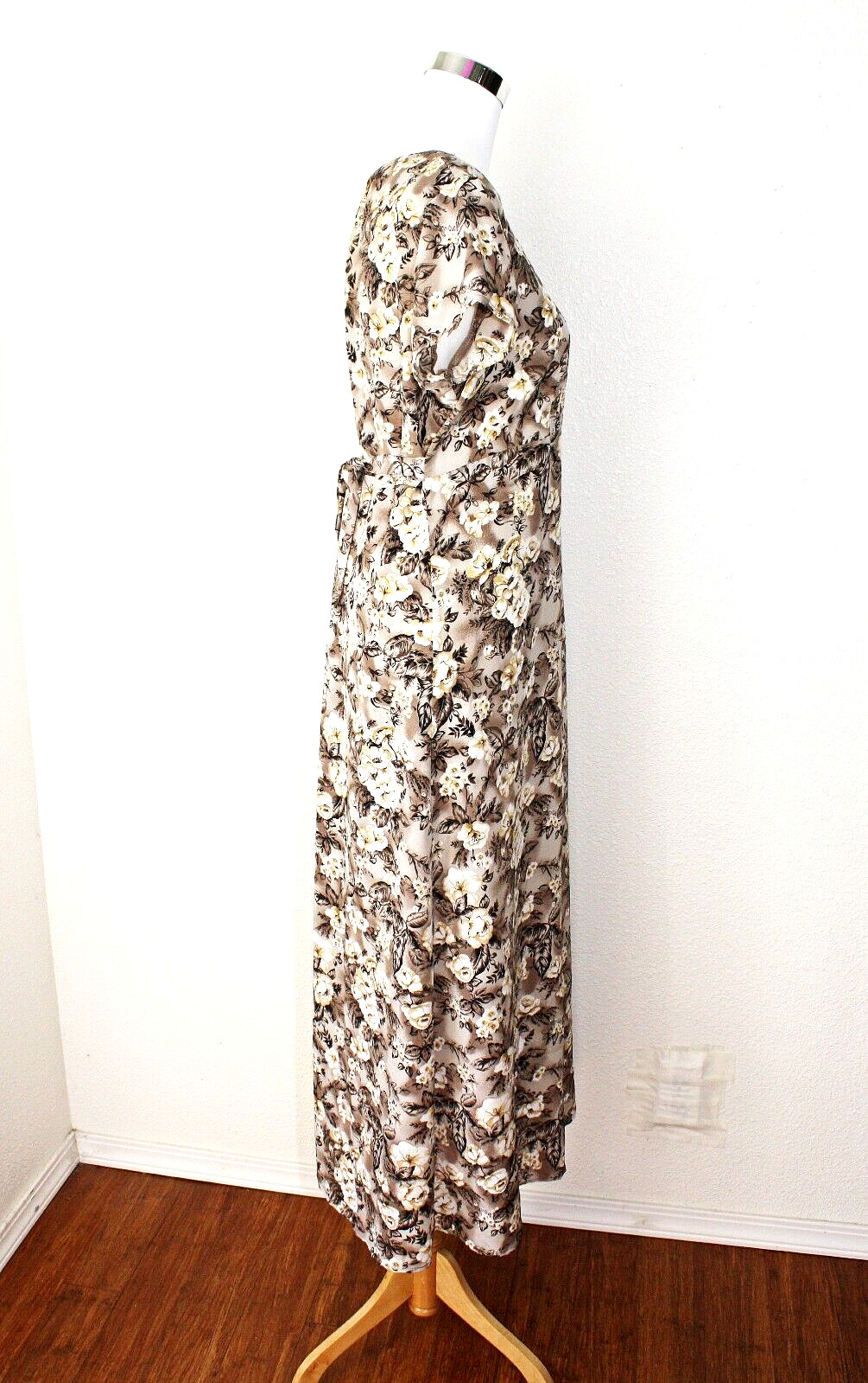 VTG ALL THAT JASS Maxi Dress Sz 13 / 14 Brown Cream Roses Short Sl. Babydoll #03