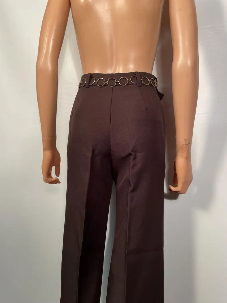 Vintage 1970s Brown Polyester Sears Jr Bazaar Bell Bottoms Wide Leg Pants 26 W