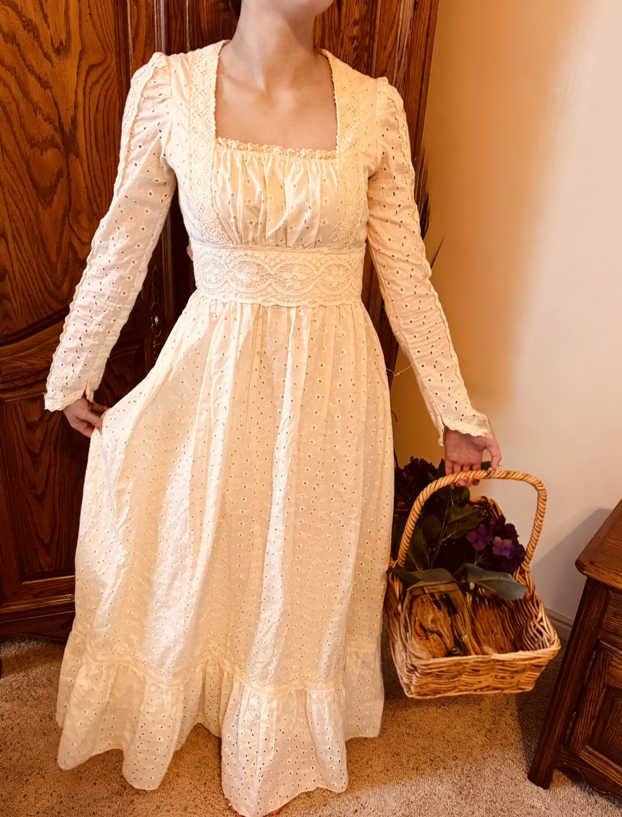 VTG Rare 70’s Gunne Sax Wedding Dress Cream Eyelet Ruffle Lace Boho Maxi S-M