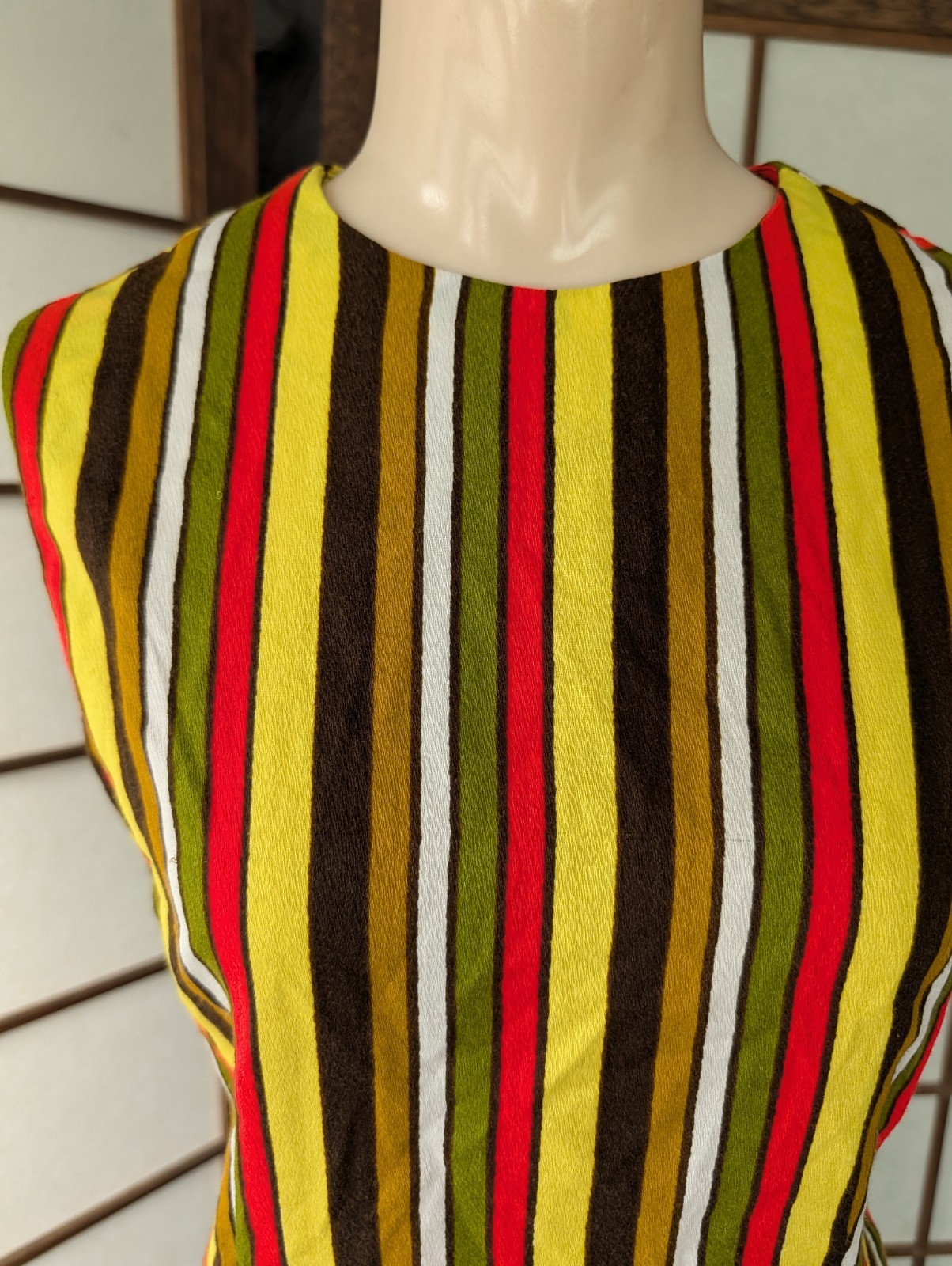 Vtg 60s 70s Groovy Striped Mini Dress Sz S/M Drop Waist Ruffle Hem Barkcloth Mod