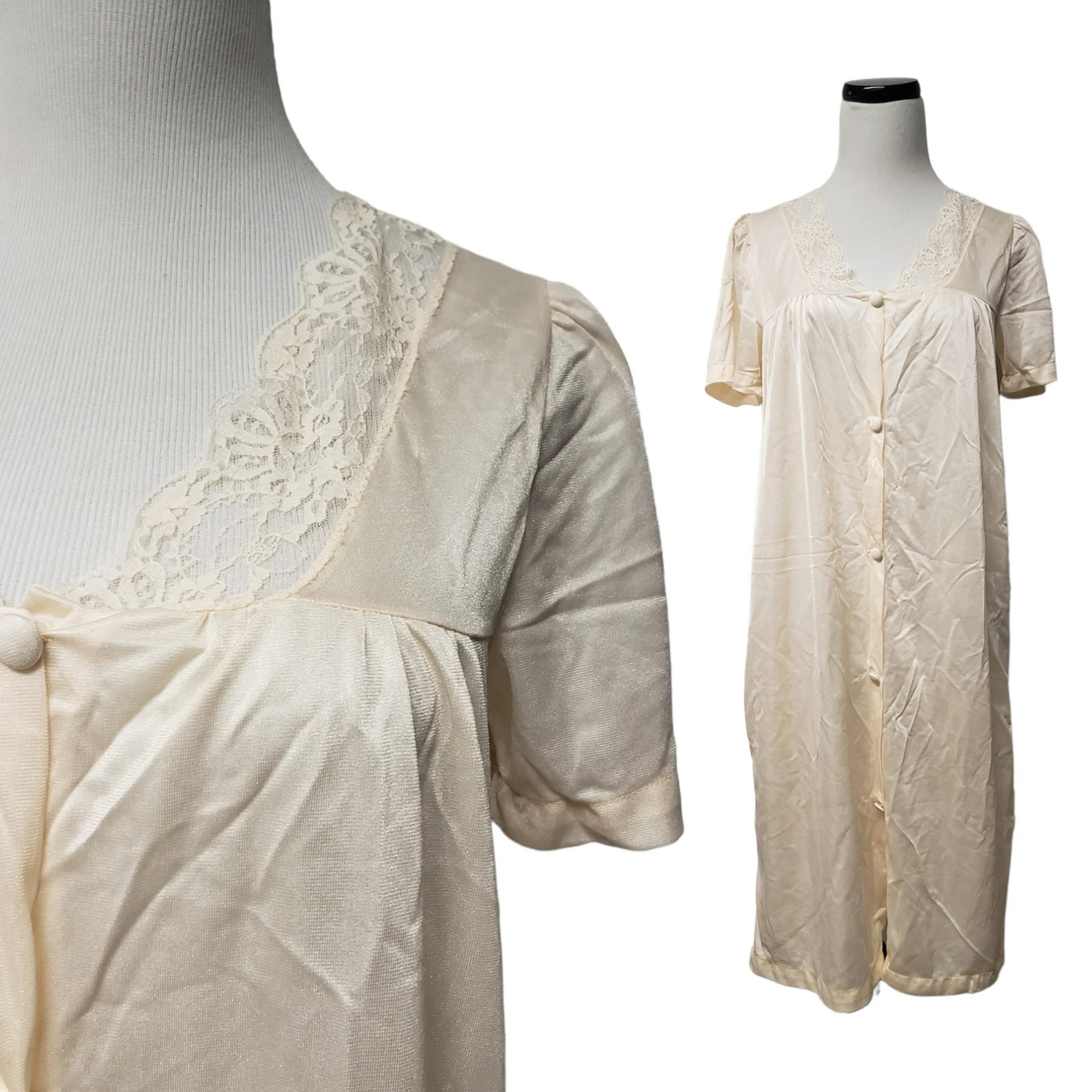 light peach nylon lace trimmed short robe . fits like S to M