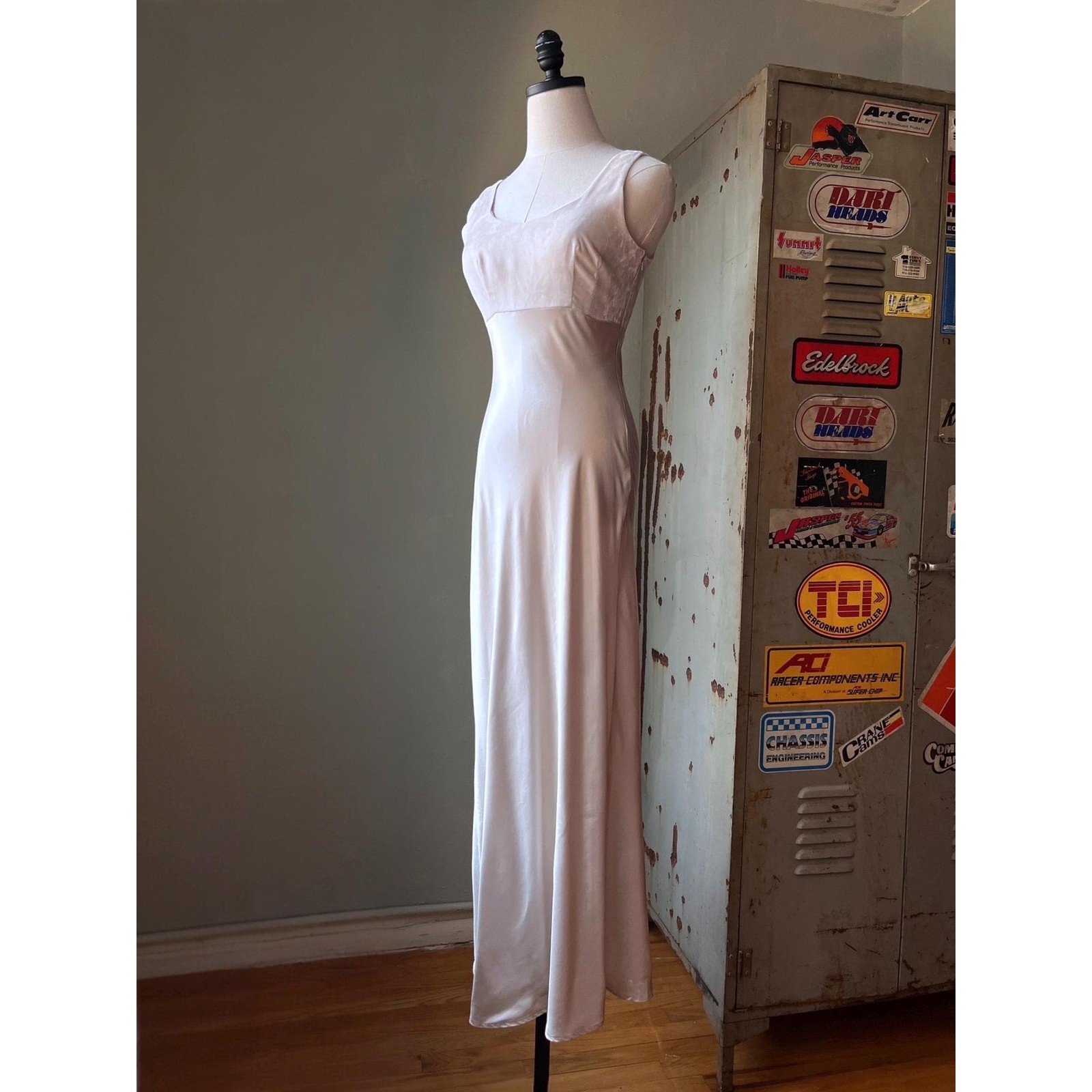 Vintage 90s Champagne Satin Slip Dress | Velvet Bust | Bridalcore gown | XS