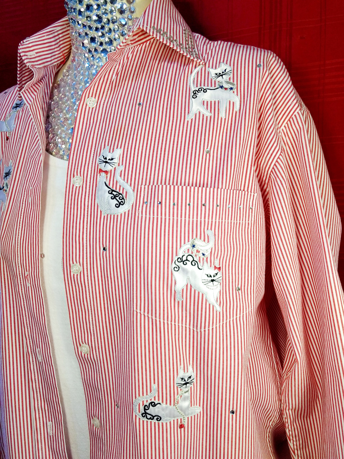CAT Applique Shirt 2pc Womens Medium Set Red White Stripe Tank Crystals Kitschy