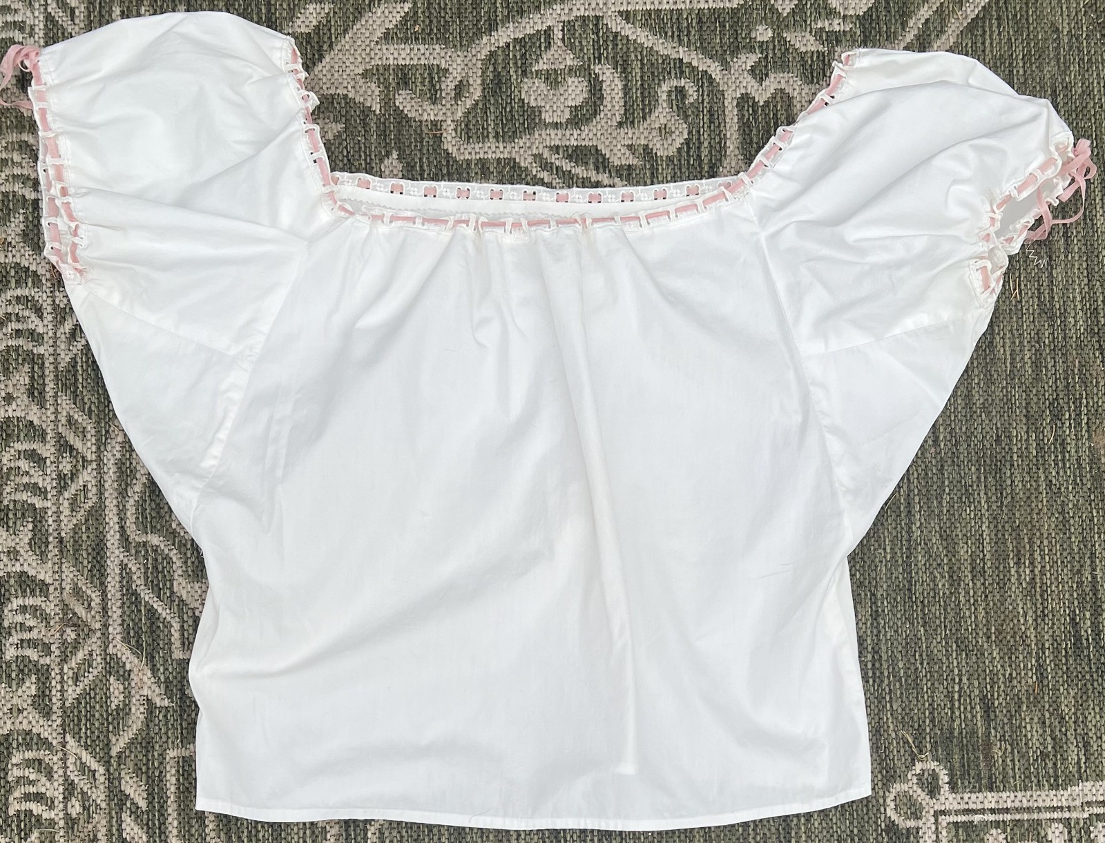 RARE ANTIQUE EDWARDIAN PLUS SIZE WHITE COTTON CAMISOLE W/ PINK RIBBON