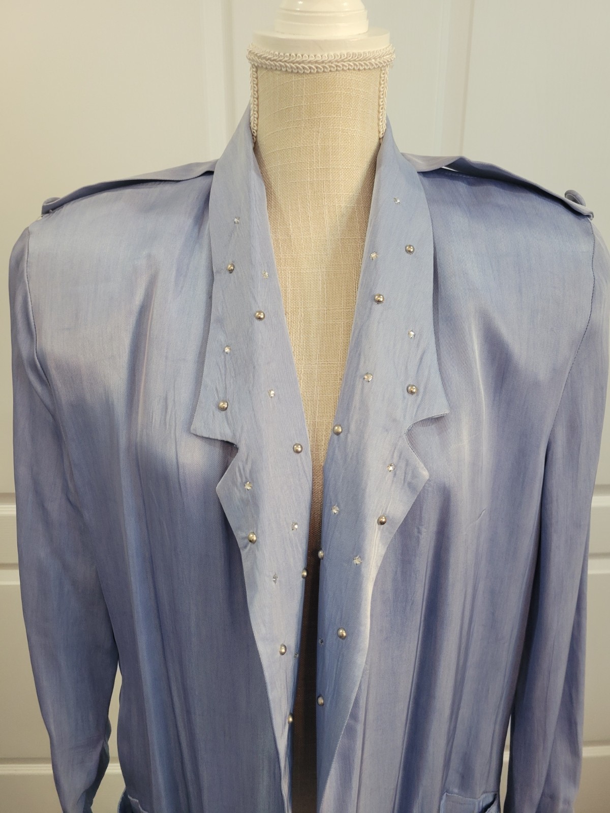 Vintage L.A. GLO Periwinkle Duster Jacket Womens L Studded Pleated Back 80s NWT