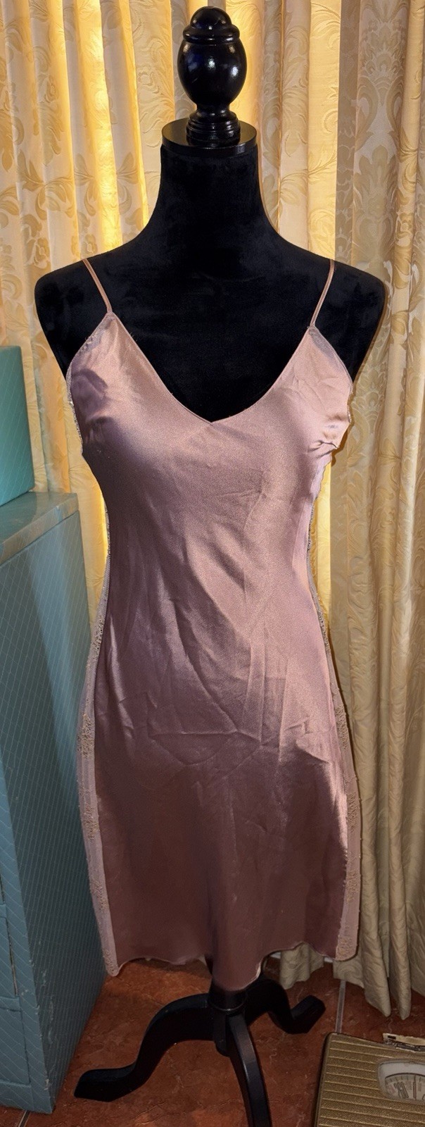 Victoria&rsquo;s Secret Satin Slip Dress S Mauve Pink Sheer Lace Side Panels Nightie