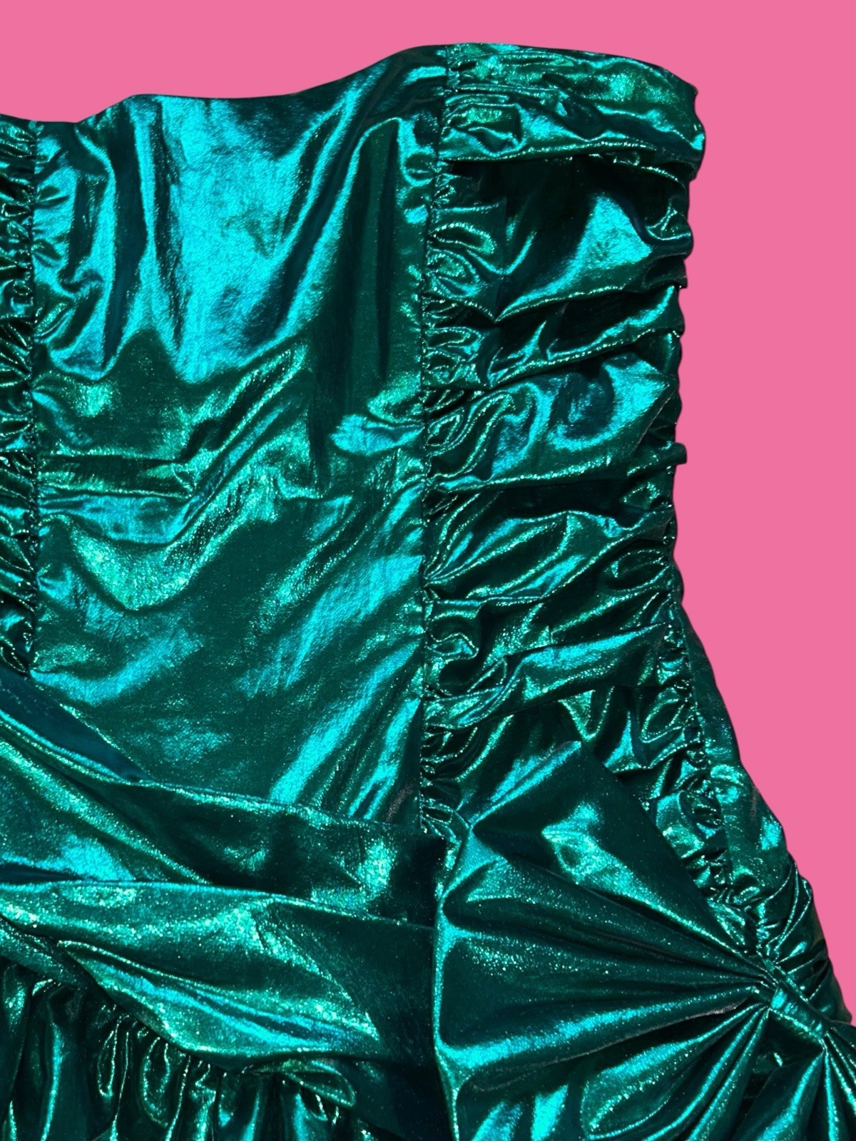 Vtg 80s Zum Zum Metallic Lamé Green Strapless Dress Asymmetric Drop Bow 9/10