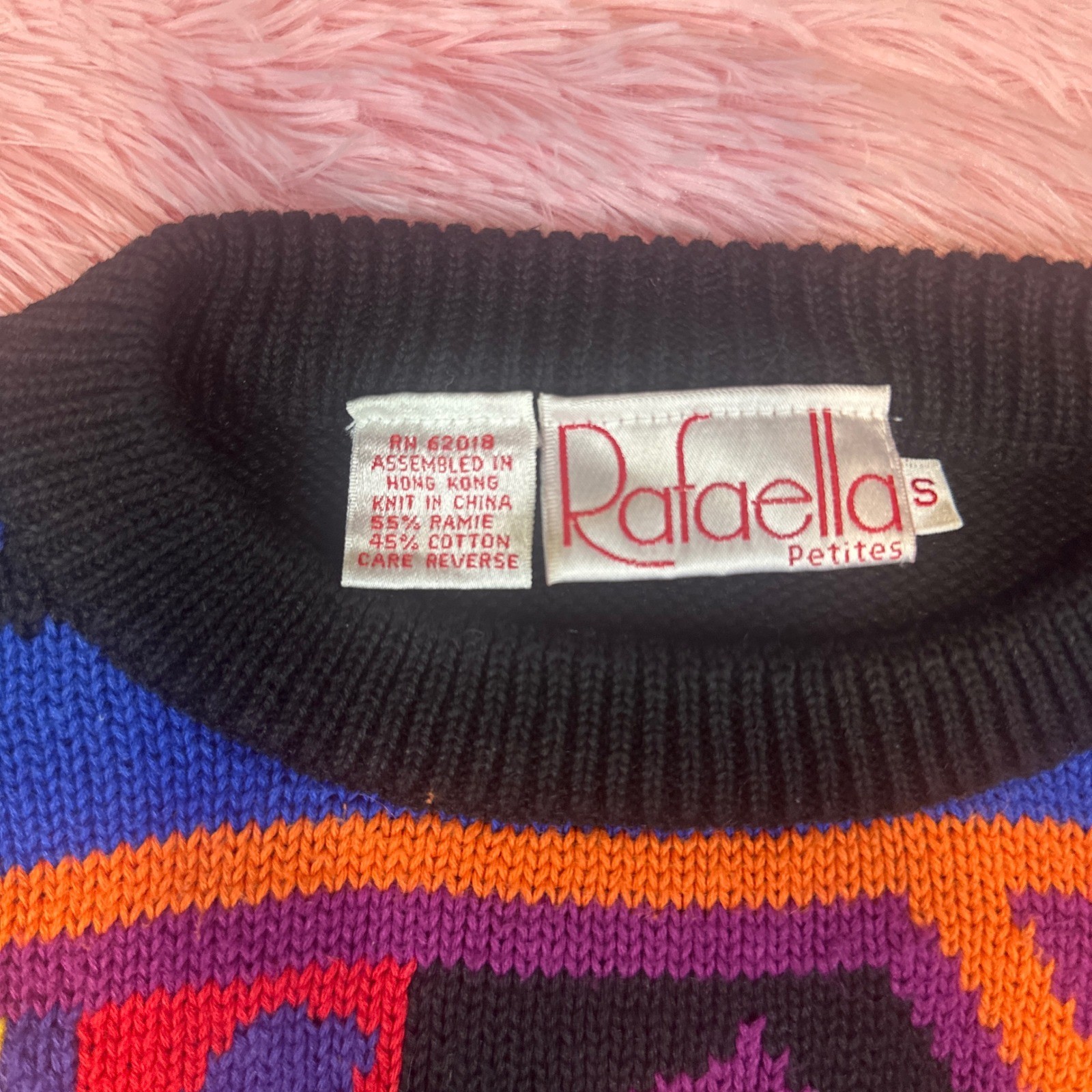 Vintage Rafaella Petites Abstract Geometric Floral Knit Sweater Small Black Art