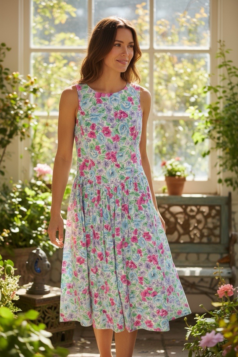 Vintage Allison Blair Multicolor Bright Floral Sleeveless Midi Dress Medium