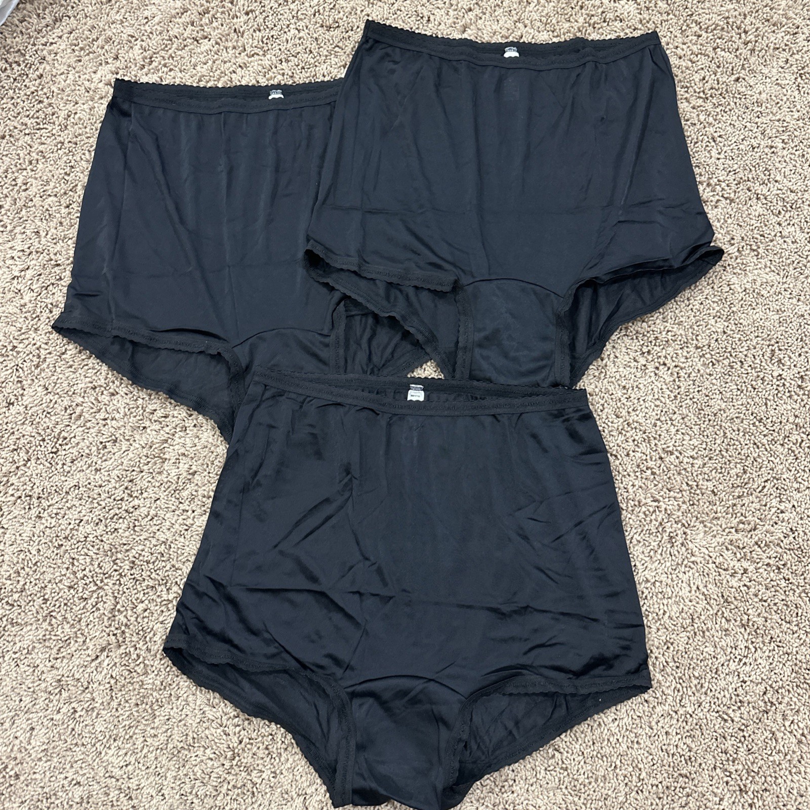 3 PAIR Bali 26210 Black L/7 100% Nylon Satin Full Cut Brief Panties High Waist