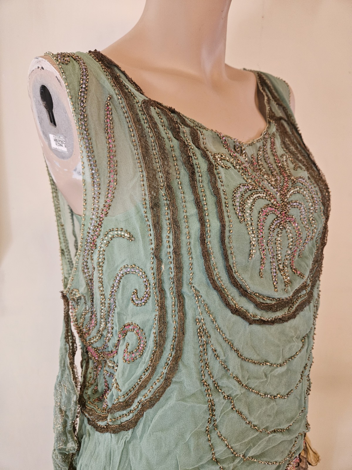 Antique 1920s French Beaded Flapper Dress Gold Lace Vintage Art Deco Bust 36