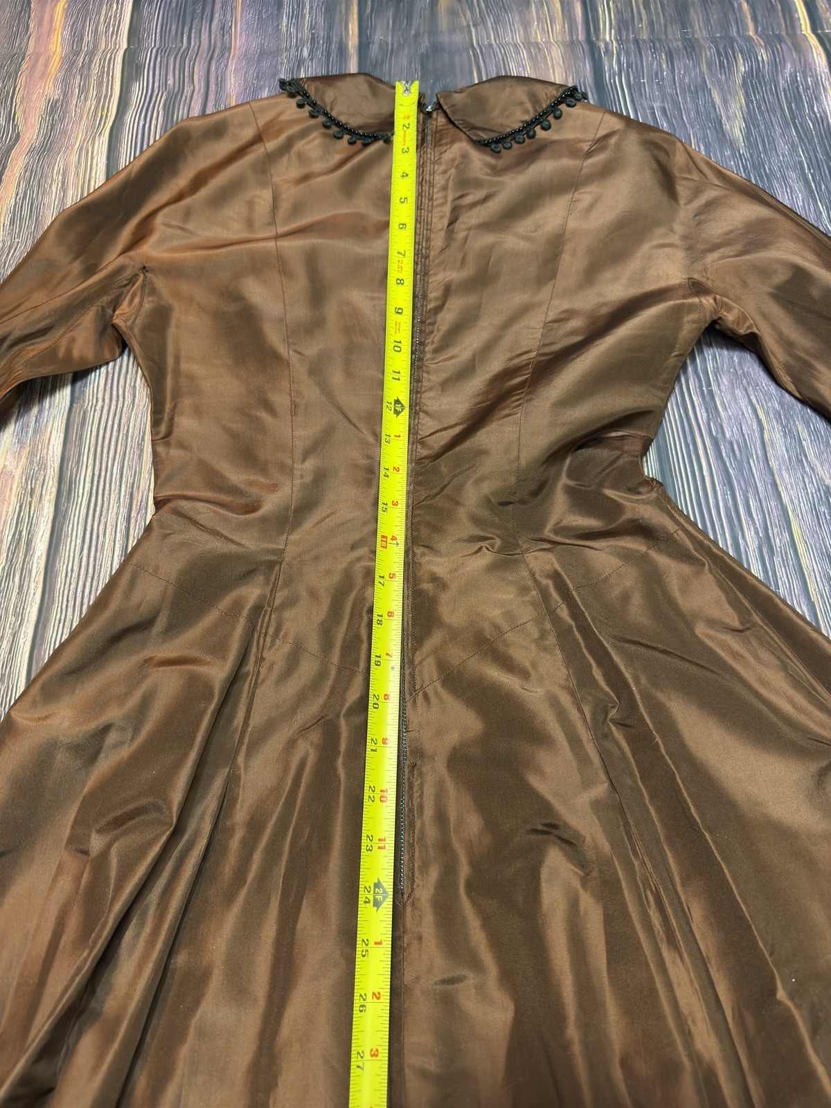 Vintage 50s Copper Victorian Goth Fit & Flare Cocktail Dress Beaded Collar SM/XS
