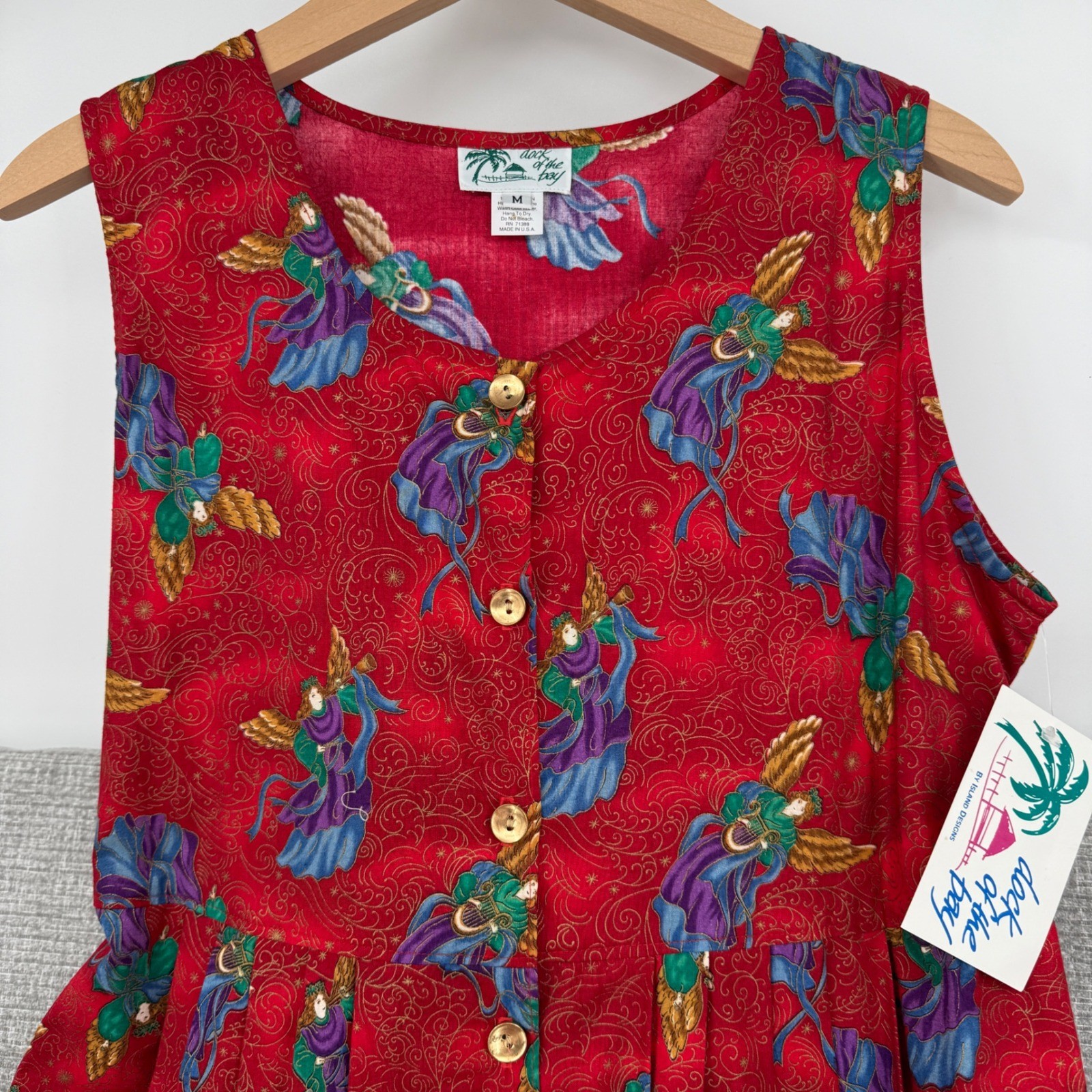 Vintage Dock of the Bay Dress Women M Red Cotton Angel Christmas Maxi Christmas