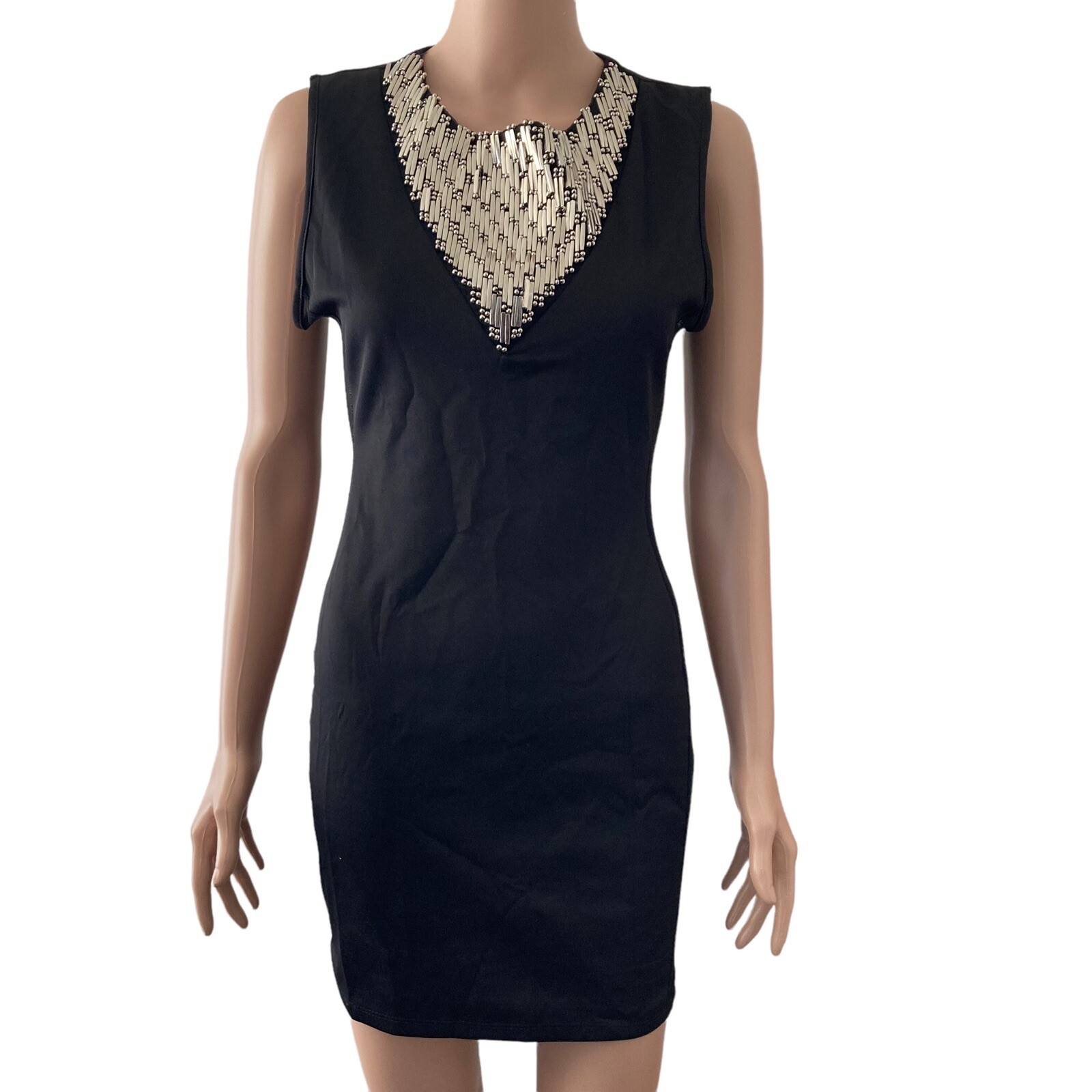 Strutt Dress BodyCon Womens Medium Stretch Silver studded beaded neckline