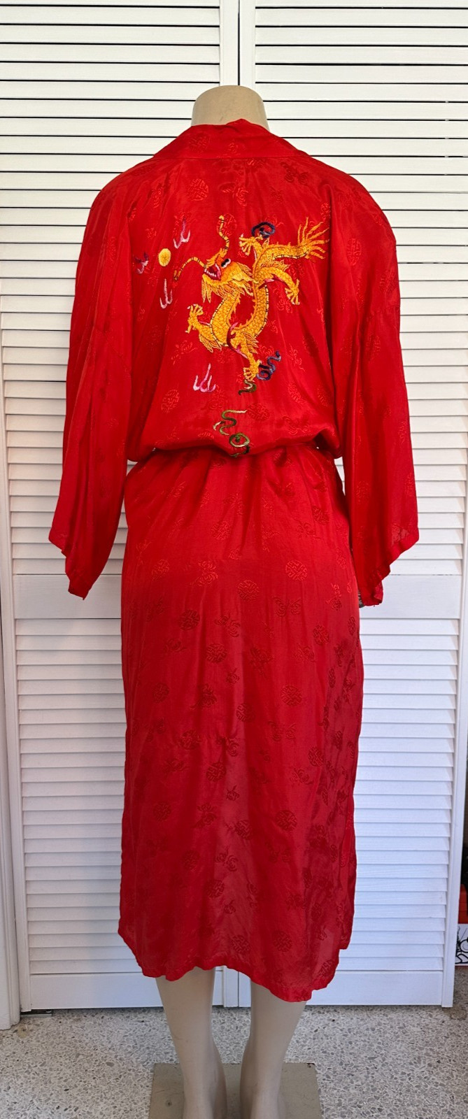 Vintage 60s Golden Bee Red Dragon Kimono Robe Rayon Hand Embroidered Dragon Smal