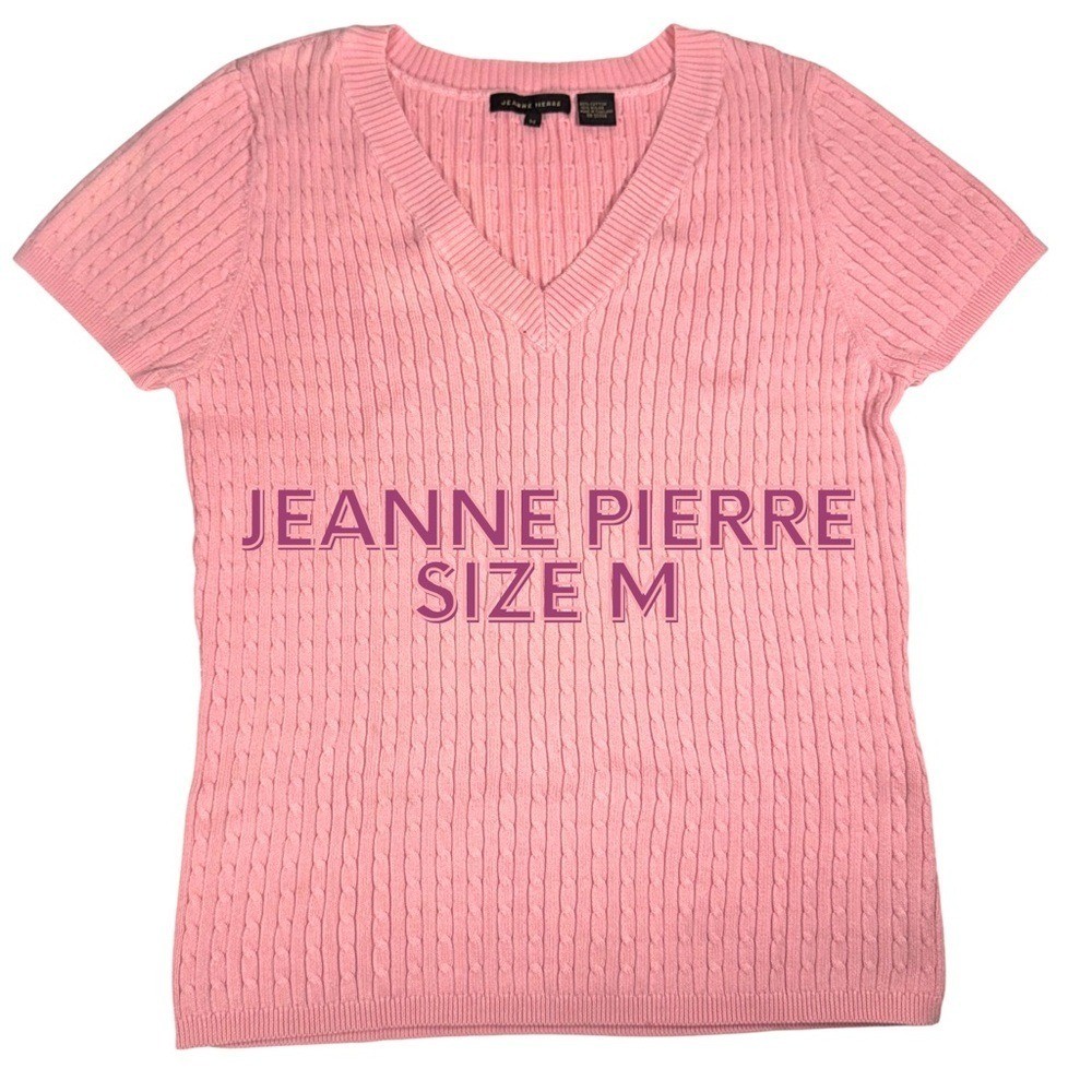 Jeanne Pierre Pink Cable Knit V-Neck Short Sleeve Sweater Size M Vintage
