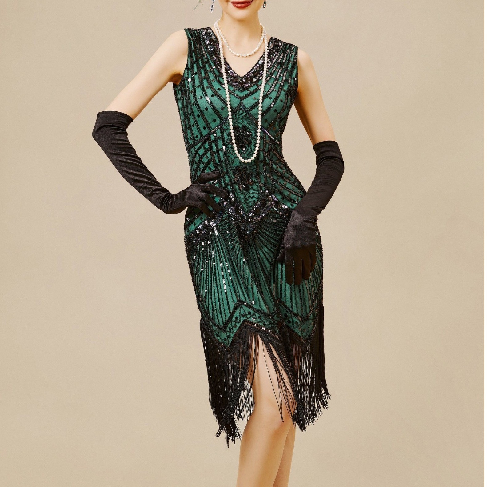 BABEYOND Green Black Sequin Fringe Flapper Dress Gatsby Art Deco 1920s NWT 2XL